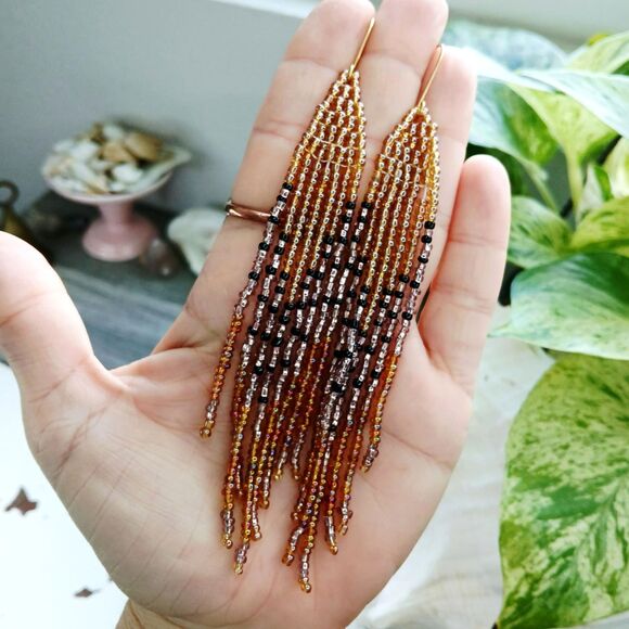 Long Beaded Fringe Dangle Earrings, Seed Bead Statement Boho Chic Jewelry 5.5" - Picture 5 of 10